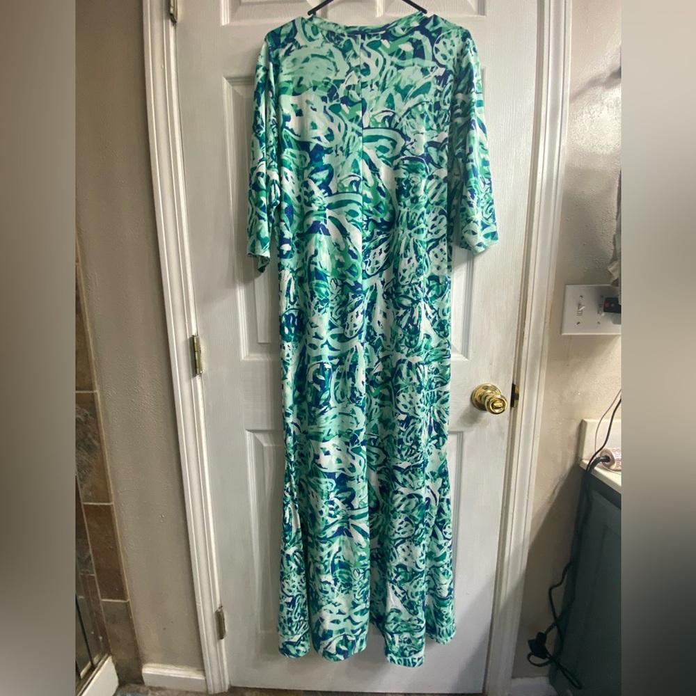 Attitudes By Renee Como Jersey Dress Large Tall Green Navy A Line Fit Flare